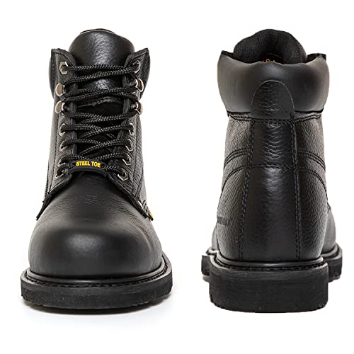 Boiwanma Safety Boots For Men, Steel Toe Work Boots, 6" Leather Construction Industrial Boots, Electrician Work Boots, Non-Slip Rubber Sole, Black, Size 8W #TOP1