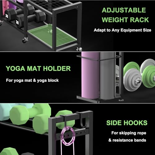 6-Tier Multi-Functional Home Gym Storage Rack with Wheels and Hooks, Adjustable Weight Rack for Dumbbells Kettlebells Yoga Mat and Balls, Space Saving Workout Equipment Storage Organizer - Thumbnail 4
