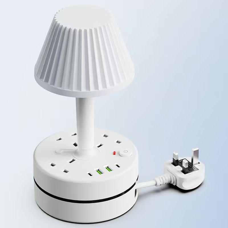 3-outlet power strip with 2 USB-A and 2 USB-C ports, featuring a built-in desk lamp, compatible with 220V-240V, maximum power 3250W, 13A, 1.8m cable, suitable for home, kitchen, outdoor (White)