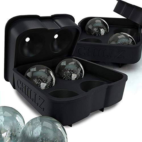 Chillz Ice Ball Maker - 2 Black Flexible Silicone Ice Trays - Mold 8 X 4.5cm Round Ice Ball Spheres (2 Pack)