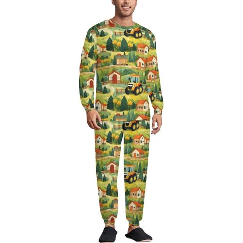 Herren-Schlafanzug-Set mit Cartoon-Traktor-Motiv, weiche Loungewear-Pyjama-Set, langärmelig, Herren-Nachtwäsche mit Taschen, Mehrfarbig, L