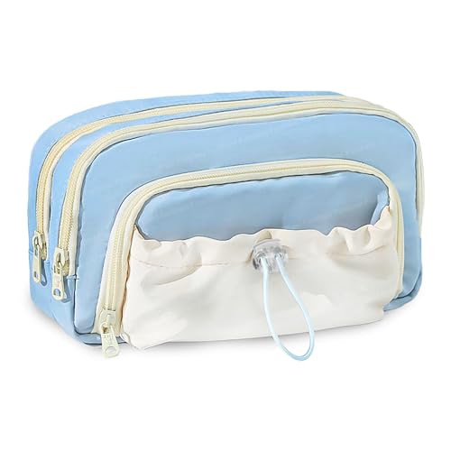 Image of FunBlast Pencil Pouch for Girls - Multiple Compartment Zipper Pouch with Drawstring Pocket, Aesthetic Pouch for Girl, Kawaii Pencil Case, Cute Pouches for Girls, Return Gift for Kids (Sky Blue)