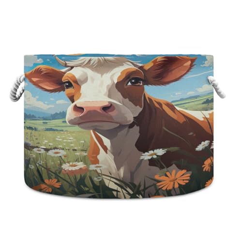Round Cute Brown and White Cow Flower Storage Basket Large Organizer Bin Laundry Hamper Toy Storage Basket with Handle for Nursery Clothes Toys 202b4833