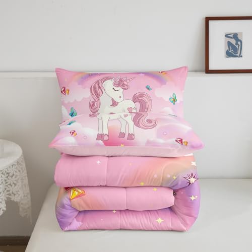 Image of Erosebridal Unicorn Bedding Set for Girls King Size Pink Purple Unicorn Comforter Set with Rainbow Diamond Galaxy Stars Fantasy Girls Room Decor Rainbow Unicorn Duvet Insert Reversible Quilt