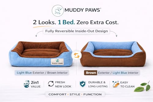 Image of MUDDY PAWS Reversible Sofa Style Dog Bed - XXL (95 x 73 x 22 cm) - Plush Fur Surface, Removable Cushion & Anti-Skid Base - Sky Blue & Brown