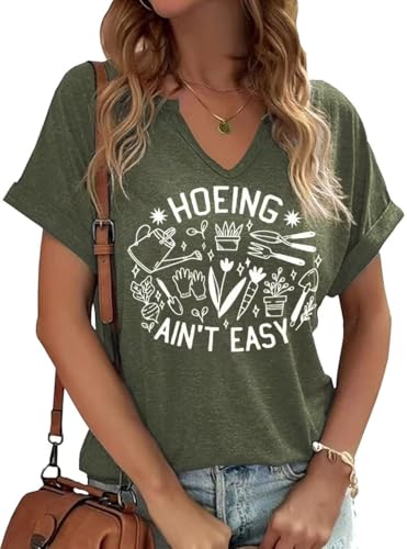 Women's Hoeing Ain't Easy V Neck Shirt Funny Gardener Plant Lover Graphic Short Sleeve Tee Summer Farmer Botanical Tops(XXL,C-Green)