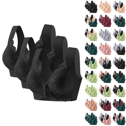 Paquete de 3 brasieres de cierre frontal para mujer, talla grande, sin aros, elásticos, transpirables, para ocio, uso diario, color sólido, suave y cómodo, Negro, L