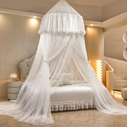 AIKASY Princess Bed Canopy for Girls – Double Layer Sheer Mesh Dome with Romantic Lace Trim, Dreamy Mosquito Net Tent for Twin/Full/Queen/King Beds(White) by AIKASY - Image 4