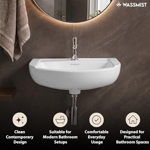 Image of WASSMIST Wash Basin | Wall Hung Wash Basin for Bathroom with 10 Year Glaze Warranty | Premium Ceramic Semi Round Basin with Tap Hole (18.5 X 14.4 X 7 Inch)