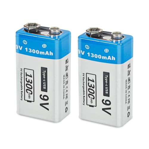 FLSTOR   Batería de 9 V, 2 unidades, 1300 mAh, recargable, 9 V, de ion de litio, para instrumentos musicales, electrónica para el hogar, seguridad y dispositivos de seguridad, cámaras, juguetes