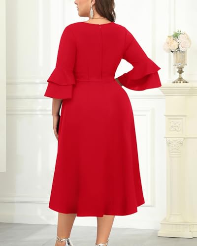 Image of Plus Size Wedding Guest Dress - Double Bell Sleeve High Low Split Dresses | Semi formal cocktail dress, V-neck double bell sleeves with belted high-low split ruffle hem.