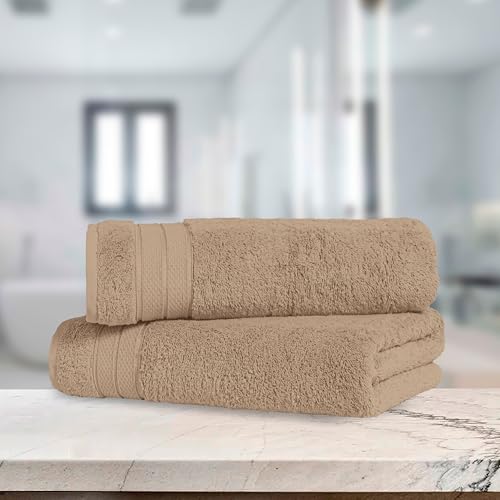 Image of Elegant Comfort Three Line Popcorn Towel Set for Bathroom 27 x 54 inches, Premium Hotel Quality 2-Pack Bath Towels, 100% Turkish Cotton, Soft and Durable, Quick Dry and Highly Absorbent, Tan