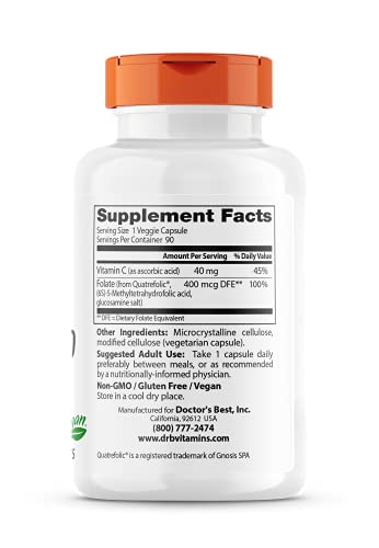 Doctor's Best Fully Active Folate With Quatrefolic Nongmo Vegan Gluten Free 400 Mcg Veggie Caps, 90 Count #TOP1