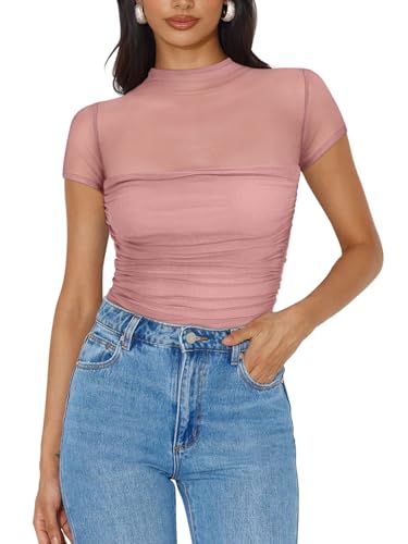 Image of REORIA Women's Sexy Mock Turtle Neck Short Sleeve Shirts Sheer Mesh Ruched Trendy Going Out Bodysuits Tops