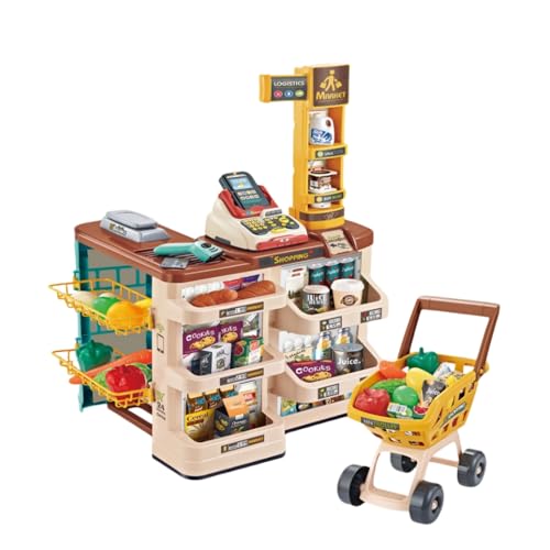 ストアカウンターごっこゲーム、レジごっこゲーム、ストアごっこおもちゃセット、ゲームセット、ショッピングカートスキャナー付き子供用シミュレーションスーパーマーケットおもちゃ、レジ係キッチンおもちゃ、誕生日プレゼント、早期教育ギフトボックス。 (ブラウン)