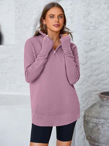 Image of PRETTYGARDEN Womens Long Sleeve Quarter Zip Pullover Sweater | Casual Loose V Neck Sweaters with Thumb Hole, Collared Ribbed Knit Jumper Tops, Oversized Tunic Tops, Fall Outfits 2026