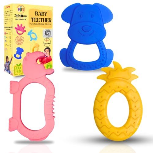 Image of Cute Shape Soft Silicone Teether for Baby Gums, Teething Toys for Babies, BPA Free, Pain-Relief, Non-Toxic, 100% Food Grade, Soothing, Easy to Grasp Chewable - Rhino+Pineapple+Dog (Pack of 3)