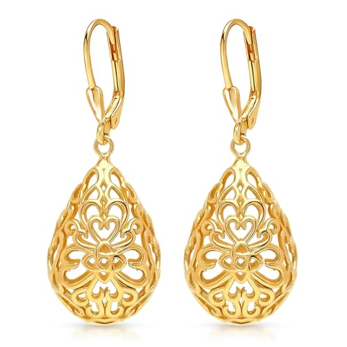 Image of TRUESILVER ACPL 925 Sterling Silver Filigree Drop Earrings for Women & Girls | Elegant Dangle Leverback Earrings | Stylish Everyday & Gift Jewelry