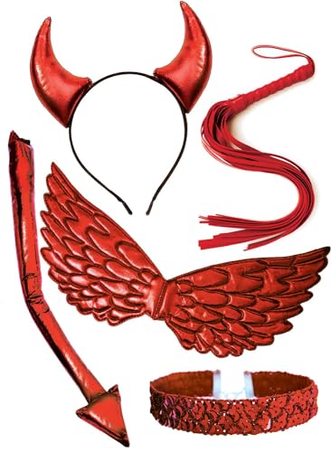 OLYPHAN Devil Costume for Women Accessories Set 5 PC Red Horns Headband, Demon Tail, Sequins Collar Necklace Wings Cosplay Accessory Kit Halloween