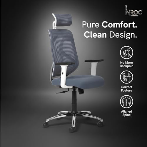 Image of NROC Metal Mesh Back Executive Office Chair - Ergonomic Design with Adjustable Height, Durable and Breathable Seating for Office Work | 64x 61x119 cm (Grey)