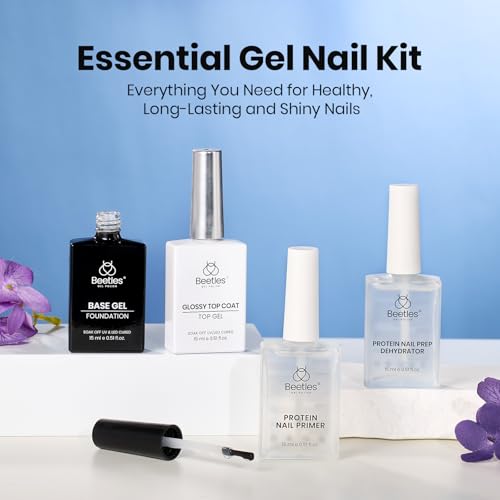 Image of Beetles Gel Base and Top Coat Set with Protein Nail Dehydrator and Primer, 4 Pcs 15ml Extra Glossy Top Coat and Base Acid-Free & HEMA-Free Nail Prep Bond Primer for Acrylic & Gel Polish Gifts