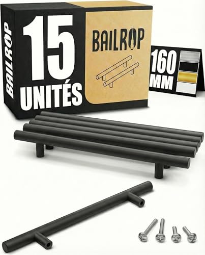 BAILROP Poignée de Meuble Cuisine Noir 160MM - Poignée Noir Meuble en Acier Inox - Poignet de Porte Cuisine et Armoire 15 UNITÉS
