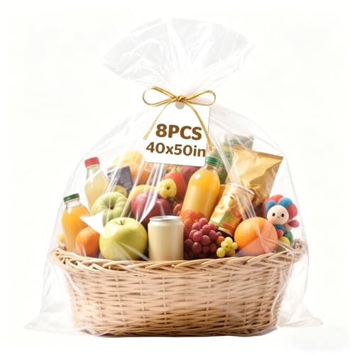 NUITPY 8 Pcs Large Cellophane Bags 40 x 50 Inchs Cellophane Wrap for Gift Baskets Durable Plastic Gift Bag Clear Basket Bag - Complimentary 8 Pcs Golden Twist Ties