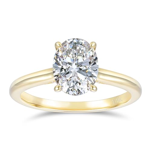 14K Gold Moissanite rings, 2CT D Color Oval Cut Moissanite Engagement Ring, 14K Yellow Gold Hidden Halo Moissanite Rings for Women