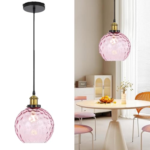 HJXDtech Lámpara de techo Colgante Vintage Industrial Globo de Cristal 20cm, Luz Colgante de Estilo Loft Anqitue de Latón con Base E27 para Comedor, Dormitorio o Cocina (Rosa)