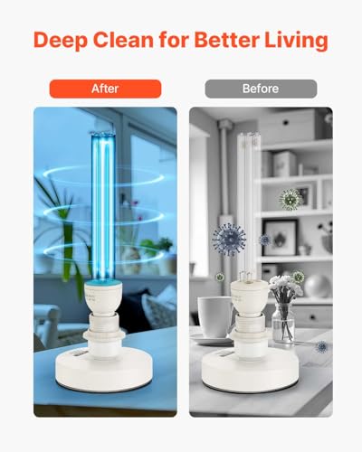 Image of VEVOR Clean Light, 25W Lamp with Ozone, Portable Lamp with Remote Control, Clean Light Bulb with Base and 30 /60 /120 Min 3-Gear Timer, for 400 sqft Living Room, Bedroom, and Hotel