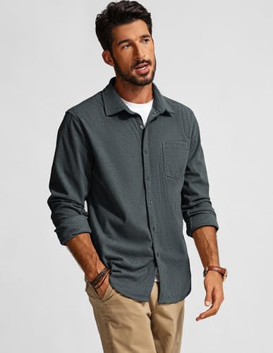 PJ PAUL JONES Men's Button Down Shirt Texture Wrinkle Free Shirts Long Sleeve Waffle Untucked Shirt2