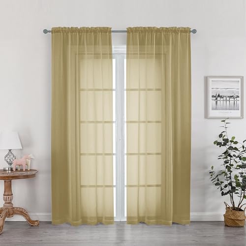 Image of OWENIE Gold Sheer Curtains 78 Inch Length 2 Panels Set, Light Filtering Voile Fimly Sheer Drapes for Living Room /Bedroom, 2pcs, Gold Solid Rod Pocket Sheer Curtains, Each 42 inch W x 78 inch L