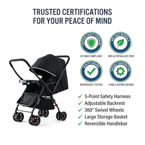 Image of Mothercare Baby Stroller Pram, 5 Point Safety Harness, Swivel Wheel, Black