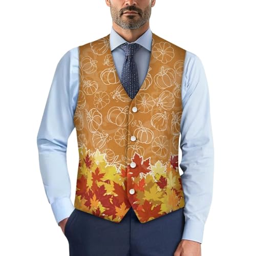 TOADDITDO Maple Leaf Mens Suit Vest Breathable Button Down Vest Slim Fit V- Neck Business Vests with Back Strap