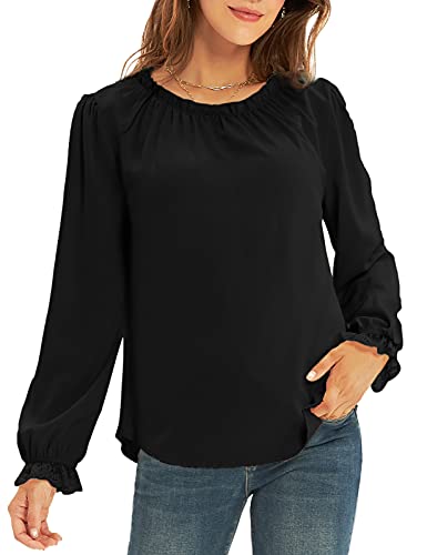 Women's Chiffon Blouses Lace Casual Loose Long Sleeve Tops Shirts Vaction Dressy Fit Black L #TOP1