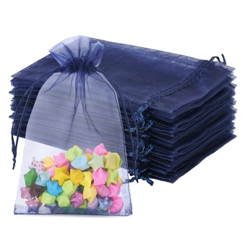 jijAcraft Lot de 50 sachets en organza bleu marine 10 x 15 cm : pochettes cadeaux avec cordon de serrage, sachets à bijoux transparents, pour mariage, à...