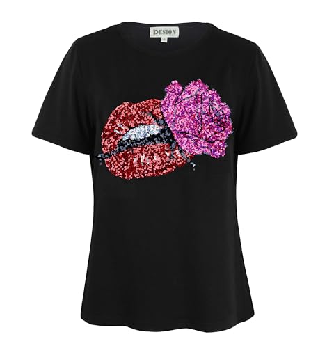 Image of PESION Womens Short Sleeve T-Shirt Sequined Tops O-Neck Funny Graphic Tees Blouse