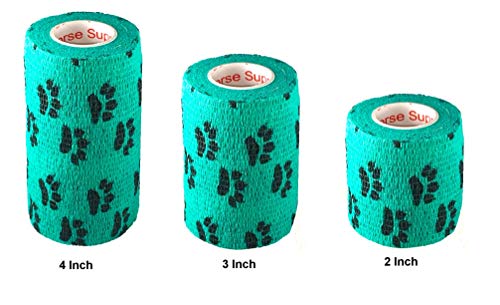 Image of Vet Wrap Wrap Tape (Teal with Paws) (2 Pack) (4 Inch x 15 feet) Self Adhesive Adherent Adhering Cohesive Flex Self Stick Bandage Grip Roll Dog Cat Pet Horse