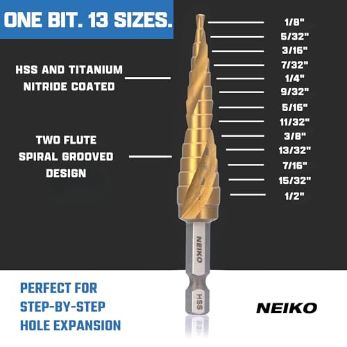 Image of NEIKO 10602A Step Drill Bit, 13 Steps 1 /8 inch to 1 /2 inch Spiral High Speed Steel, Titanium Nitride Coated, 1 /4 inch Quick Change Step Bits for Steel, Metal, Wood, Plastic, Unibit Cone Drill Bits, Two Flute