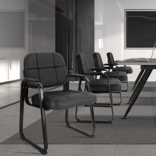 Clatina Waiting Room Guest Chair With Bonded Leather Padded Arm Rest For Office Reception And Conference Desk Black With Sled Base #TOP1