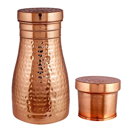 KC Pure Copper Designer Copper Water Bottle | Pitchers | Water Jug | Bedroom Jar | Bedside Bottle Carafes with Tumbler/Glass with Lid 1250 ML (Hammered)