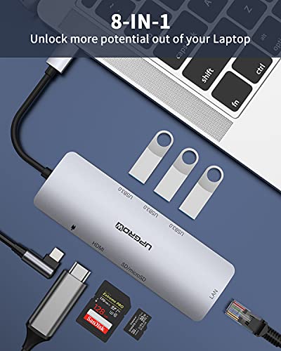 Image of Upgrow USB C Hub, 8-In-1 Type C Hub With Ethernet Port, 4K HDMI Adapter, 3 USB 3.0 Ports, Sd /Tf Card Reader, USB-C Power Delivery, Portable For Mac Pro And Other USB C Laptops