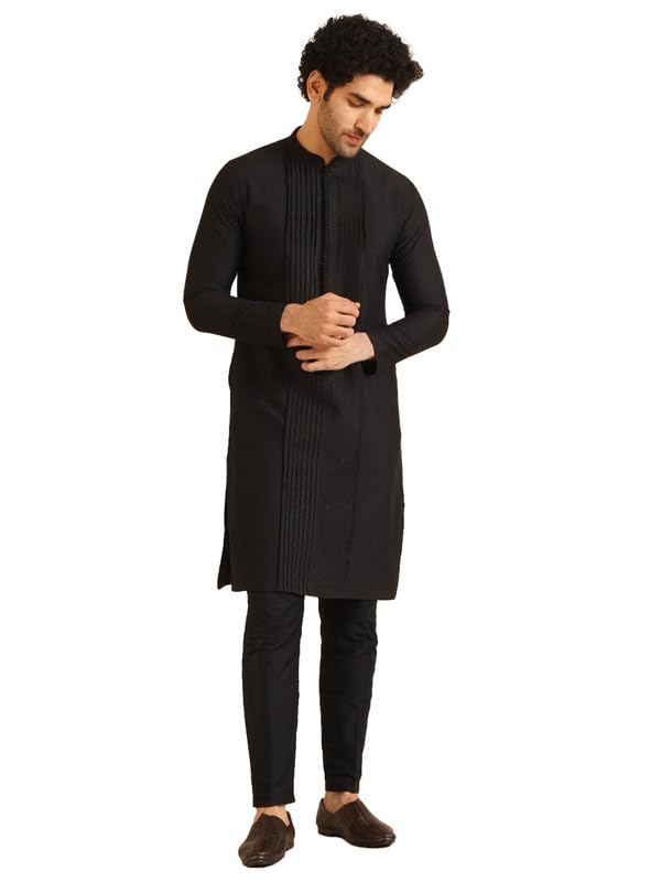kisah Men's Kurta Trouser Set, Black Cotton Blend, Embellished Regular Fit Mandarin Collar Full Sleeves-picture-16