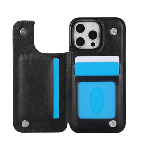 for iPhone 16 Pro Case with Credit Card Holder,RFID Blocking,PU Premium Leather Double Magnetic Clasp Kickstand Heavy Duty Protective Cover.(Black) Black iPhone 16 Pro
