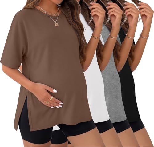 Ekouaer 4 Pack Womens Maternity Shirts Classic Short Sleeve Crew Neck Pregnancy Tops New Mama Clothes Black/Brown/Grey/White L