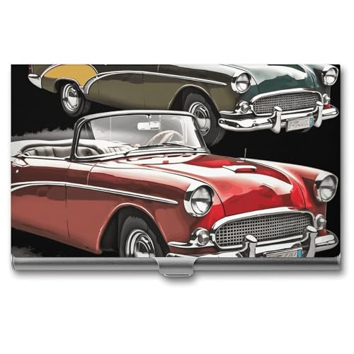 Business Card Holder Metal Slim Business Card Case Classic Car Roadsters Old Fashioned Professional Cards Organizer Pocket Name Cards Case Credit Holder Wallet for Men Women Buckle Style Shut