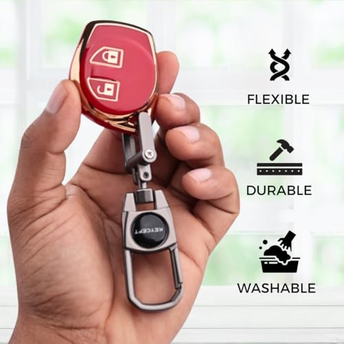 Image of KEYCEPT Gold Line TPU Key Cover Compatible with Suzuki Swift, Dzire, Ertiga, Baleno, Celerio, Ritz, Brezza, Scross, Fronx, Ciaz, Jimny, S Presso 2 Button Remote Key with Keychain. (Keychain 2, Red)
