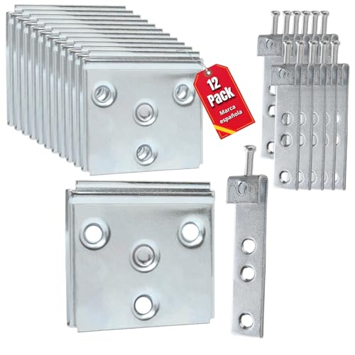Herraje Cabecero, Soporte Oculto para Colgar Cabecero de Cama, Colgar Muebles Cocina Pared, Anclaje Mueble Pared, Colgadores Cuadros, Anclajes Madera, Pack de 12 Unidades en Hierro Zincado