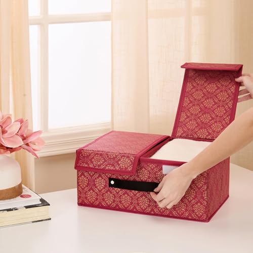 Image of Amazon Brand - Solimo Double Lid Foldable Storage Box | Toys Storage Bin | Wardrobe organizer for Clothes | Front Handle | Stackable Rack | 36 x 25 x 16 cm (Golden Print, Maroon)