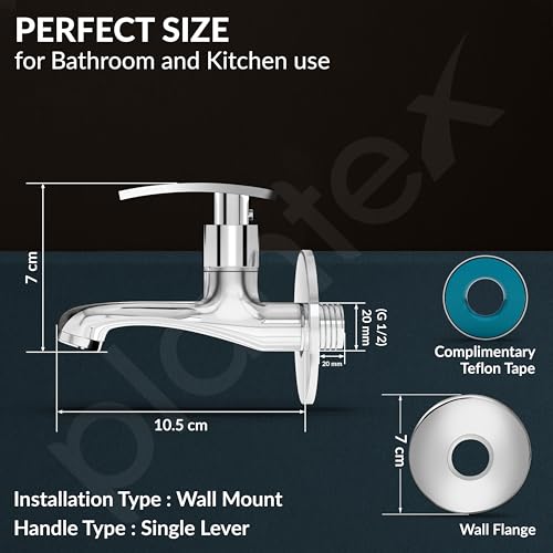 Image of Plantex Long Body Bib Cock for Bathroom with Water Saving Aerator /Brass Spindle Wall Mount BibTap with Wall Flange and Teflon Tape for Bathroom (Samar-1262-Chrome Finish)
